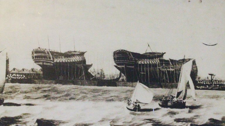 Ships being constructed in the Bombay Dockyards in the 19th century