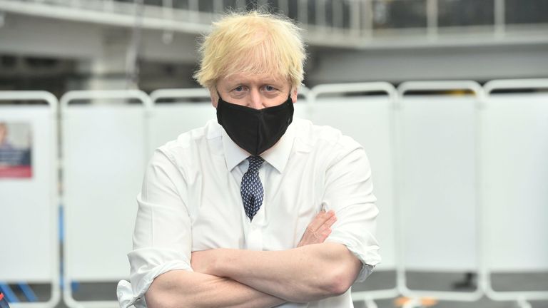 Prime Minister Boris Johnson visiting a vaccination centre at the Business Design Centre in Islington