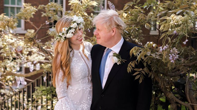 Boris Johnson and Carrie Johnson in the garden of 10 Downing Street after their wedding on Saturday.