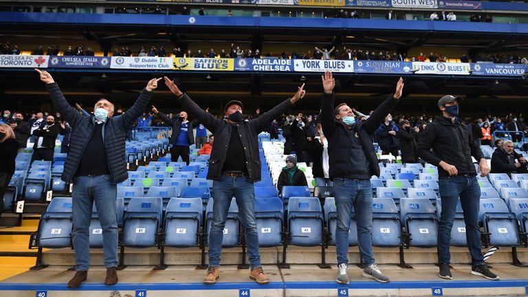 Chelsea fans in the stands during the Premier League match at Stamford Bridge, London. Picture date: Tuesday May 18, 2021.