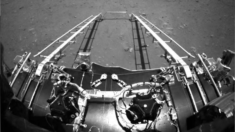 In this black and white photo taken by China&#39;s Zhurong Mars rover. Pic: AP