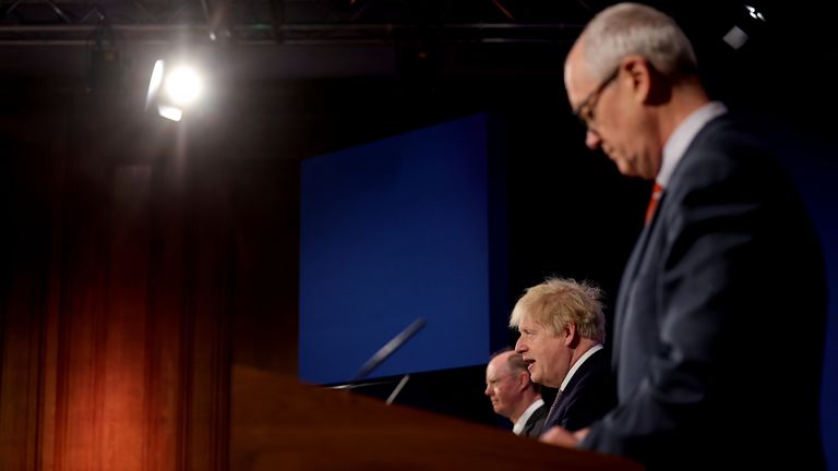 10/05/2021. London, United Kingdom. Prime Minister Boris Johnson -Covid-19 Press Conference. Prime Minister Boris Johnson holds the Coronavirus press conference at No9 Downing Street, with Chief Scientific Adviser, Sir Patrick Vallance and Chief Medical Officer, Professor Chris Whitty. Picture by Andrew Parsons / No 10 Downing Street

