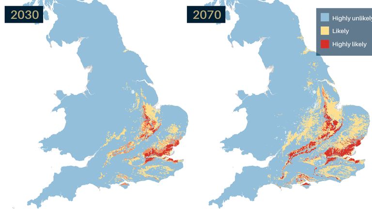 Graphic 3: Map of regions in Great Britain projected to be affected by clay shrink-swell according to GeoClimate data from the British Geological Survey © BGS/UKRI
