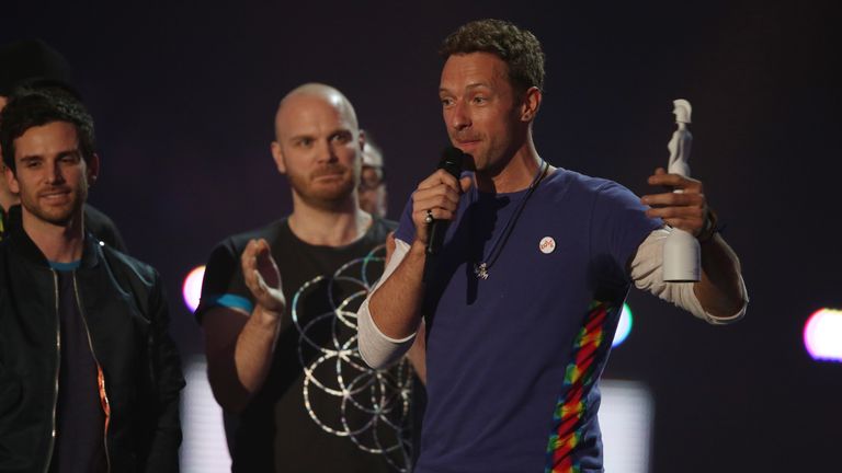 Coldplay receives a Brit award on stage at the Brit Awards 2016 at the 02 Arena in London. Pic: AP