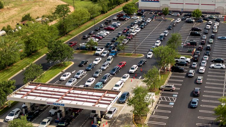 An aerial image of people queuing for fuel at a Costco in North Carolina. Pic AP 