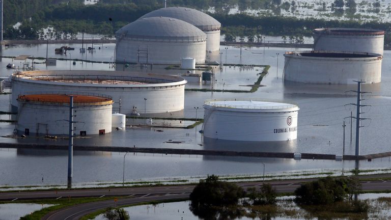 Colonial Pipeline Company holding tanks in Port Arthur sit in floodwaters caused storm Harvey. Pic: AP