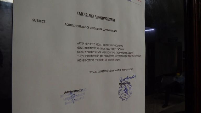 A letter posted outside Sun Hospital in Lucknow in Uttar Pradesh, asking oxygen ran out.