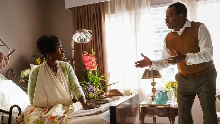 CL Franklin (Courtney B Vance) expresses concern for Aretha Franklin (Cynthia Erivo) while in the hospital for a broken arm in Genius: Aretha. Pic: National Geographic/Richard DuCree)