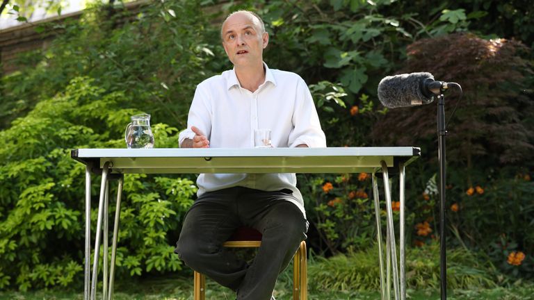 Dominic Cummings talks to the media after making a statement in the garden of 10 Downing Street in July last year