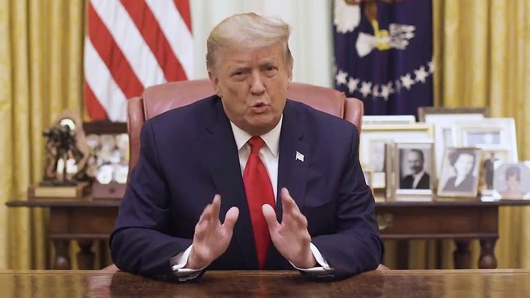 U.S. President Donald Trump speaks in a video message released via Twitter in Washington, U.S. January 13, 2021. The White House via Twitter/Handout via REUTERS ATTENTION EDITORS - THIS IMAGE HAS BEEN SUPPLIED BY A THIRD PARTY.