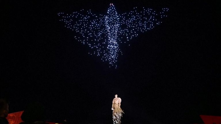 Drones light up sky over WWII monument in Russia