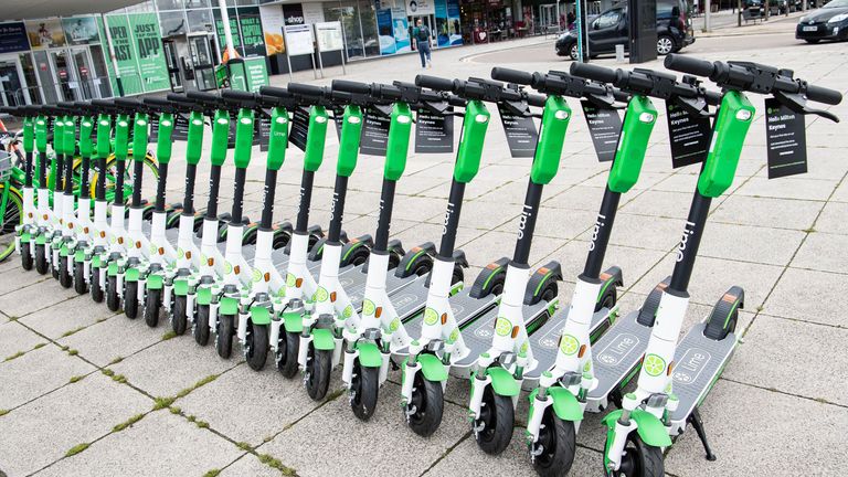 E-scooters assembled during a trial in Milton Keynes, Buckinghamshire 