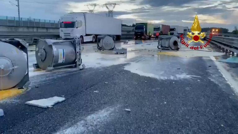 A crash involving eight trucks left liquid egg yolk spilled across a highway near the north Italian city of Parma.