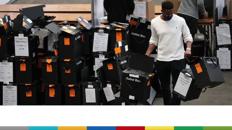 Local elections
Empty ballot boxes are taken away during the counting for the local elections at Alexandra Palace, London. Picture date: Friday May 7, 2021.
