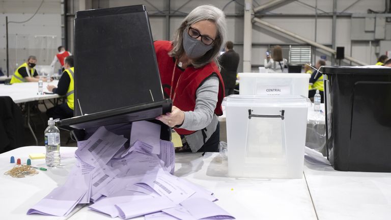 Votes being counted for the Scottish Parliamentary Elections at the Ingliston Highland Centre Edinburgh. Picture date: Friday May 7, 2021.