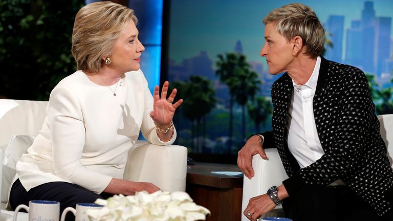 U.S. Democratic presidential candidate Hillary Clinton (L) speaks to Ellen Degeneres during a taping of the Ellen Degeneres Show in Burbank, California, U.S. May 24, 2016. REUTERS/Lucy Nicholson