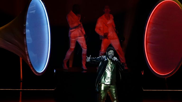 James Newman from the United Kingdom performs during rehearsals at the Eurovision Song Contest at Ahoy arena in Rotterdam, Netherlands, Wednesday, May 19, 2021. (AP Photo/Peter Dejong)