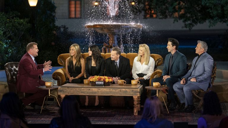 James Corden speaks to the Friends in the special reunion show. Pic: Warner Media/ HBO/ Sky UK