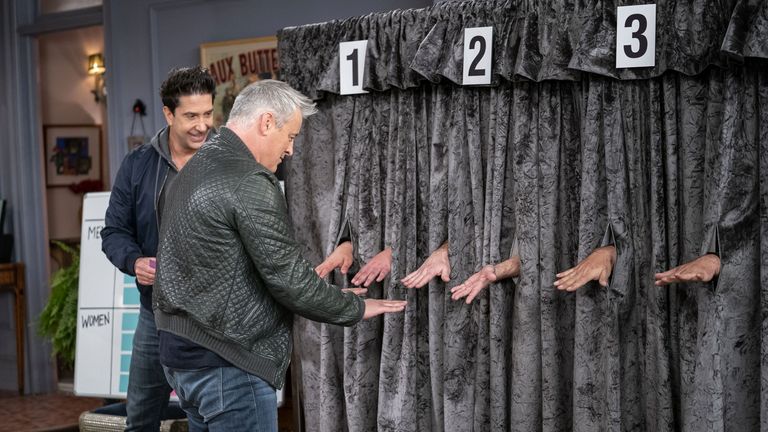 David Schwimmer and Matt LeBlanc in Friends: The Reunion. Pic: Warner Media/ HBO/ Sky UK