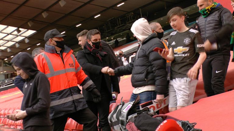 Gary Neville as Manchester United fans stormed Old Trafford to protest against the Glazer family&#39;s plans to join the European Super league