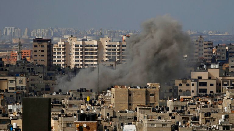Smoke rises following an Israeli airstrike in Gaza City on 20 May. Pic: AP