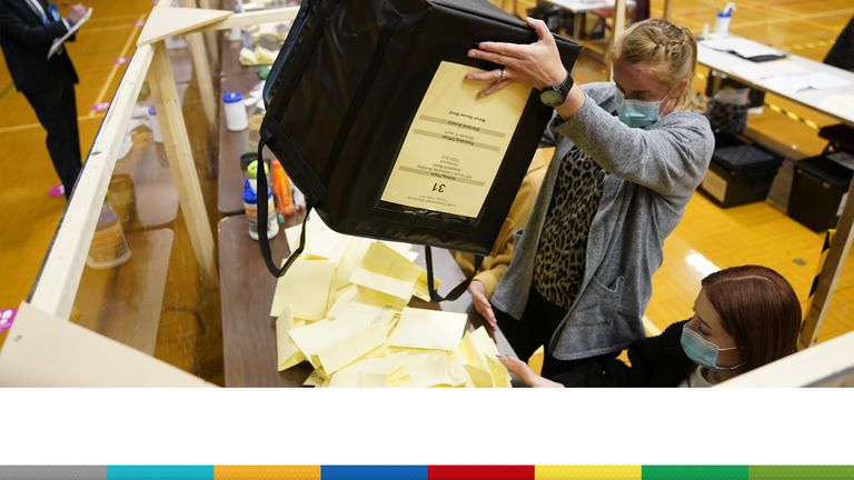 Ballot boxes are emptied at Mill House Leisure Centre in Hartlepool, for the counting of votes for the local and mayoral election and for the Hartlepool parliamentary by-election. Picture date: Thursday May 6, 2021.