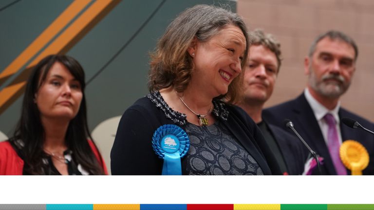 Conservative&#39;s Jill Mortimer is declared winner in the Hartlepool parliamentary by-election at Mill House Leisure Centre in Hartlepool. Picture date: Friday May 7, 2021.