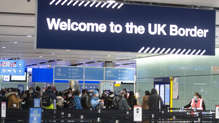 Passengers line up for passport control in the UK Border area of Terminal 2 of Heathrow Airport, London, during a visit from Labour leader Sir Keir Starmer to see the COVID-19 response. Picture date: Thursday February 11, 2020