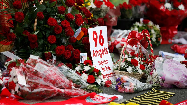 Flowers and tributes laid at Anfield, Liverpool to remember the victims of the 1989 Hillsborough disaster in Sheffield