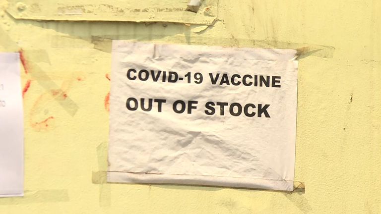 An out of stock sign at an Indian vaccine centre