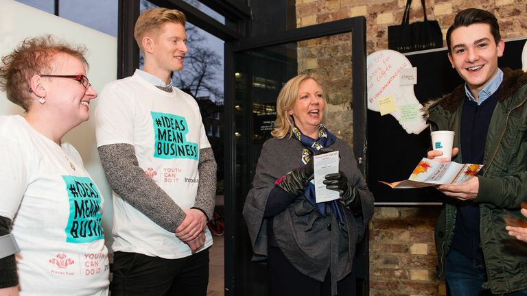 EDITORIAL USE ONLY (left to right) &#39;Ideas Mean Business&#39; Ambassadors Alison Marston and Luke Johnstone with entrepreneurs Deborah Meaden and Ben Towers at the launch of Innovate UK and The Prince�s Trust #IdeasMeanBusiness initiative, at their pop-up coffee shop at Saint Espresso in London. PRESS ASSOCIATION. Photo. Picture date: Tuesday December 5, 2017.