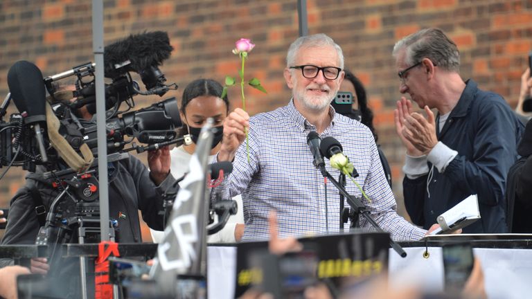 Former Labour Party leader Jeremy Corbyn speaks during a demonstration outside the Israeli embassy in London, in solidarity with the people of Palestine amid the ongoing conflict with Israel. Picture date: Saturday May 15, 2021.