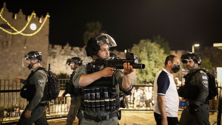 Israeli security forces during a demonstration against the planned eviction process in the Sheikh Jarrah neighborhood. Pic: AP