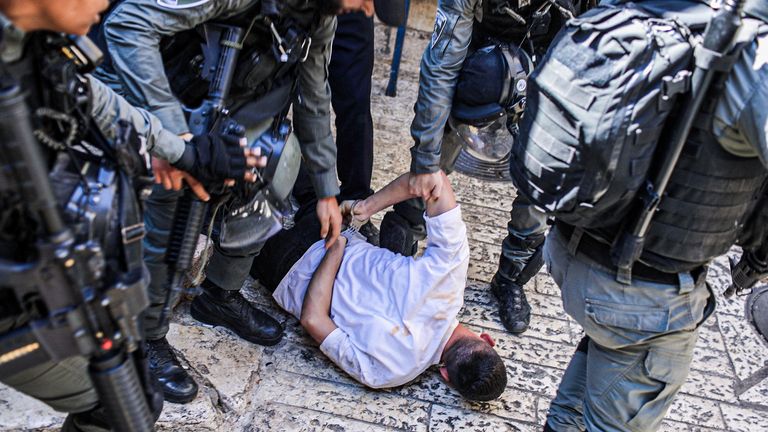 معترضین در حال تظاهرات شعار فلسطین را شعار می دادند و تکان می دادند.  عکس AP
