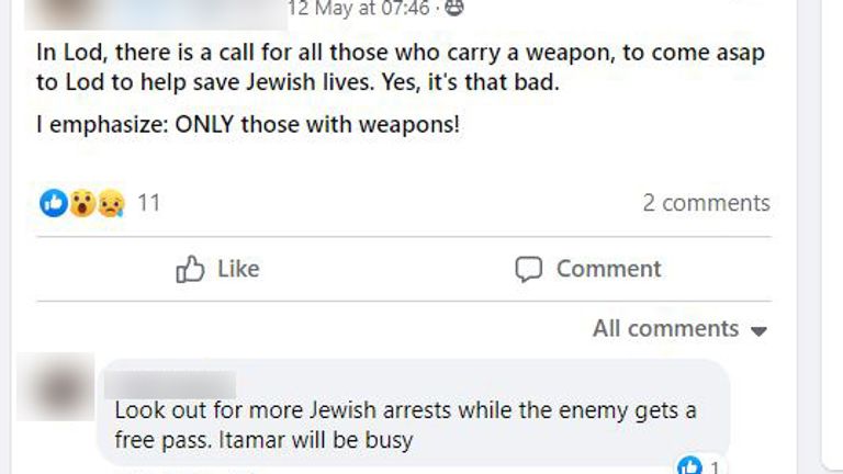 In an English-language Facebook chat, calls were made for those with weapons to go to the city of Lod