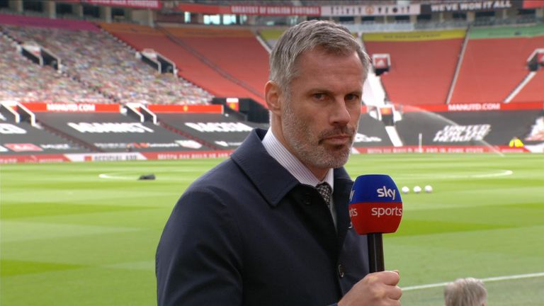 Jamie Carragher reacts to fans invading Old Trafford.
