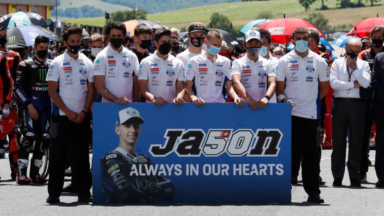 Jason Dupasquier&#39;s teammates observe a minute of silence in his memory. Pic AP