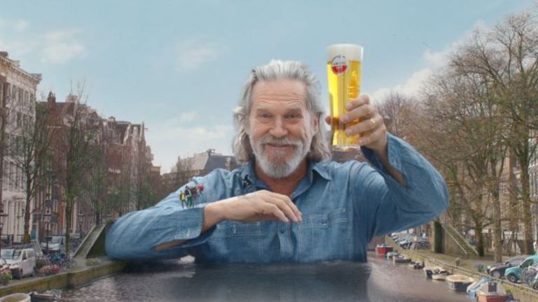 Jeff Bridges starred as a human bridge in an Amstel advert. Pic: Heineken/ Amstel