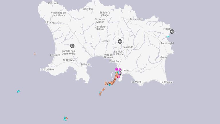 HMS Servern (far left, light blue) and HMS Tamar (bottom left, light blue) can be seen on the outskirts of Jersey on Thursday morning. Pic: marinetraffic.com