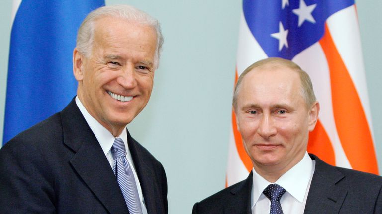 Joe Biden met with Vladimir Putin in Moscow in 2011 when he was vice president and Mr Putin was Russian prime minister. Pic: AP