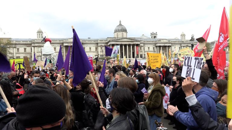 Protesters gather in Trafalgar Square to demonstrate against the Police, Crime, Sentencing and Courts Bill