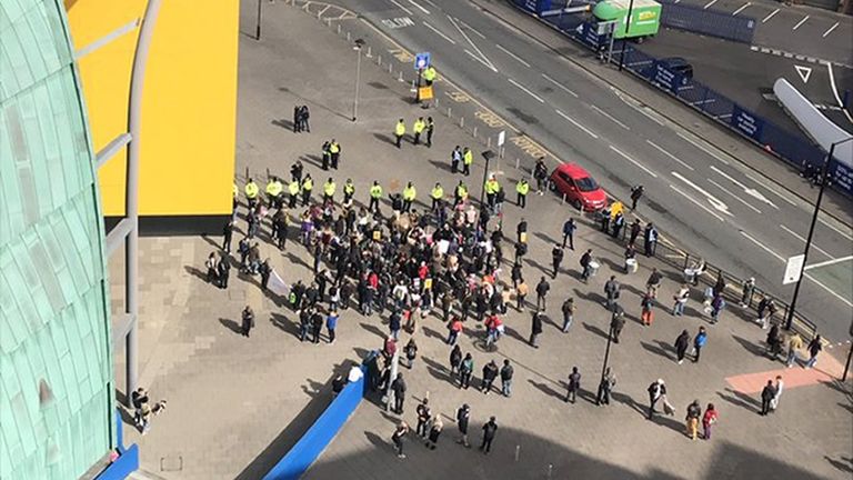 Demonstrators faced off against police officers in Newcastle. Pic: @JohnHodgson1975