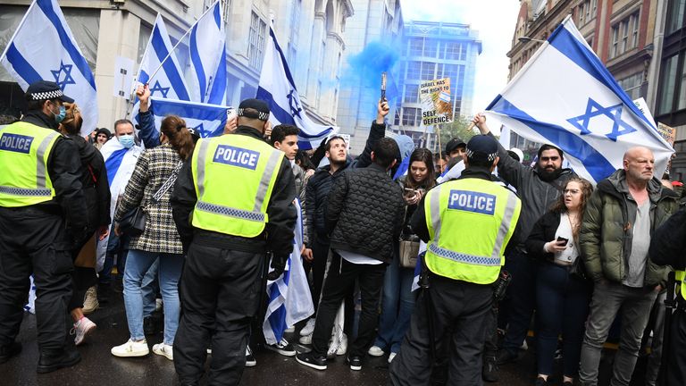 People take part in a pro-Israel rally adjacent to the Israeli embassy in Kensington High Street. Picture date: Sunday May 23, 2021.
