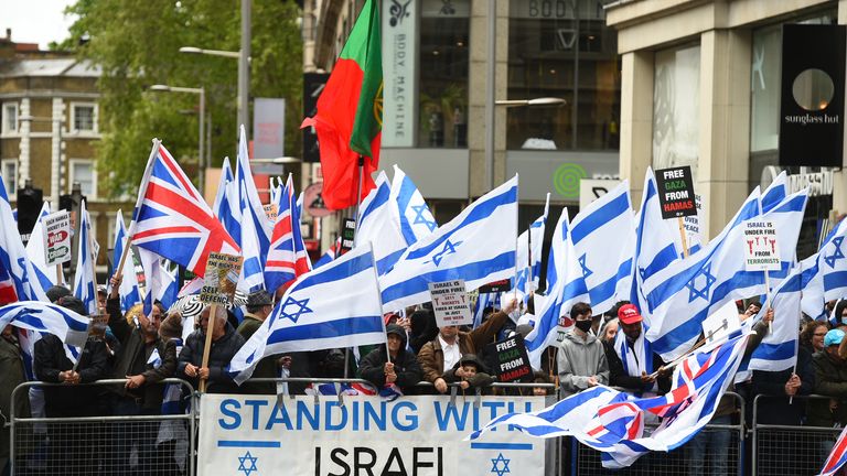 People take part in a pro-Israel rally adjacent to the Israeli embassy in Kensington High Street. Picture date: Sunday May 23, 2021.