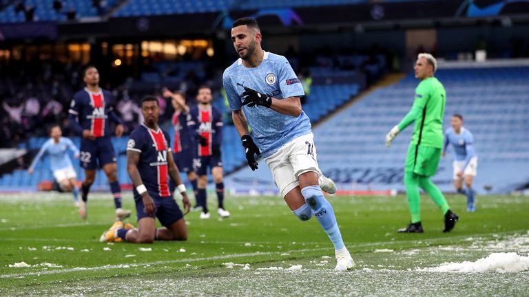 Manchester City&#39;s Riyad Mahrez celebrates scoring their side&#39;s first goal of the game against Paris Saint-Germain during the UEFA Champions League Semi Final second leg