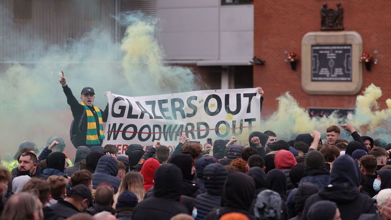  Manchester United fans again protested against their club owners ahead of the rearranged Premier League home fixture with Liverpool on Thursday (May 13).
