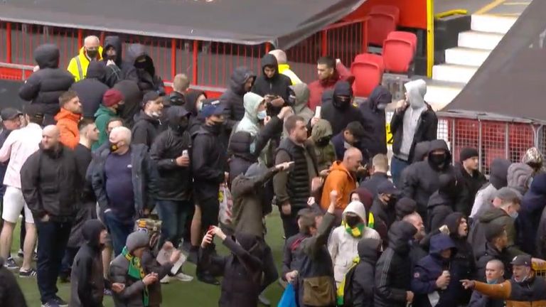 Pitch invasion at Old TRafford Manchester United in protest against Glazer family