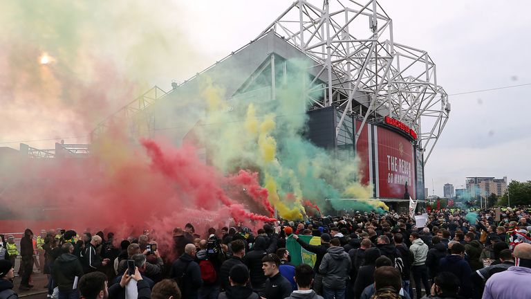 Manchester United v Liverpool - Premier League - Old Trafford Manchester United fans off the ground during a protest against the Glazer family, the owners of Manchester United, ahead of their Premier League match against Liverpool at Old Trafford, Manchester.  Picture date: Thursday 13 May 2021. Read less Picture of: Martin Rickett / PA Wire / PA Pictures Date taken: 13 May 2021 Picture size: 4494 x 2790 Picture no .: 59752787