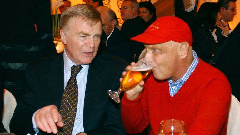 Max Mosely (left), President of the Federation Internationale de l&#39;Automobile (FIA), converses with Formula One racer Niki Lauda of Austria at the Audi party in Kitzbuehel in 2003. Pic: AP