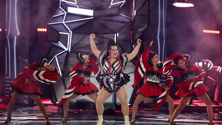 Former Eurovision winner Netta Barzilai performs before the 2019 Eurovision Song Contest semi-final in Tel Aviv, Israel, Tuesday, May 14, 2019. (AP Photo/Sebastian Scheiner)